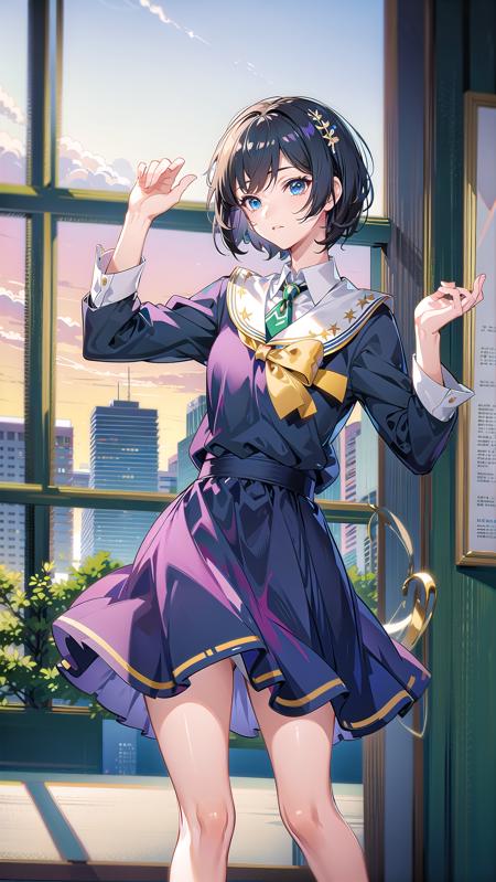 masterpiece, best quality,1girl, solo, <lora:MeteoraV2-000008:0.6>, close up, meteoraReCreators,creative outfit, short hair,scenery background, scenery,indoors, bored, skirt, school uniform,