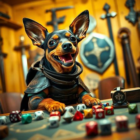 A cute miniature pinscher playing DnD. The miniature pinscher is sitting in front of a table full of dice and DnD items, wearing a leather armor, cosplaying a ranger. In a wooden basement, decorated with swords and shields. The dog’s expression is joyful, its mouth open in delight as if it’s excited about the game. The colors in the image are vibrant but slightly washed out, giving it a nostalgic, heartwarming feel, as though it’s a cherished memory from a fun moment.
