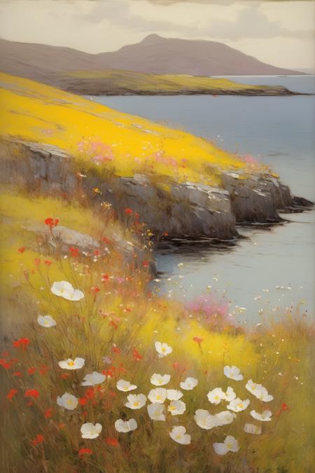 <lora:William Langson Lathrop Style:1>William Langson Lathrop Style - 101555.William Langson Lathrop.A painting of wildflowers on the Isle of Mull captures the essence of this enchanting Inner Hebridean island. The composition spotlights a coastal meadow brimming with Scottish primrose, sea campion, and red campion in a mesmerizing blend of soft yellows, whites, and reds. The vivid colors of the flowers stand in striking contrast to the rugged shoreline and the moody, slate-gray sea. The scene is bathed in the light of a setting sun, casting a warm, dreamy glow over the landscape. This beautiful painting invites the viewer to embrace the wild charm and tranquility of Scotland's coastal splendor.