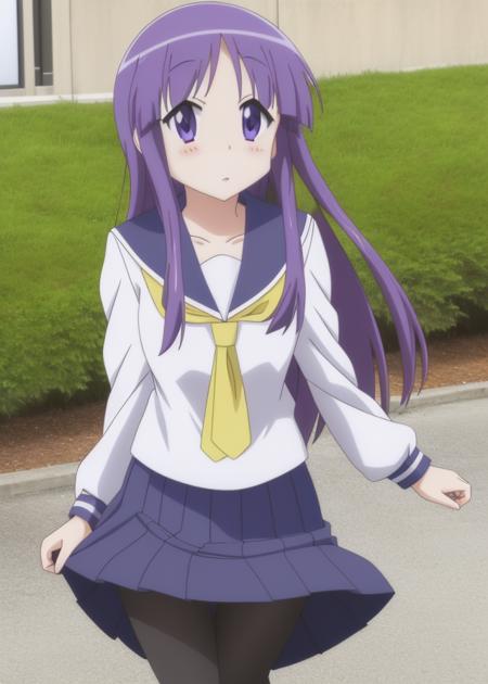 <lora:Hinata_Yukari-10:0.8>,Hinata_Yukari,(animation),Dawn_Anime,1girl, solo, long hair, school uniform, purple eyes,purple hair, pantyhose, pleated skirt, serafuku, white panties, black pantyhose , pantyhose pull,