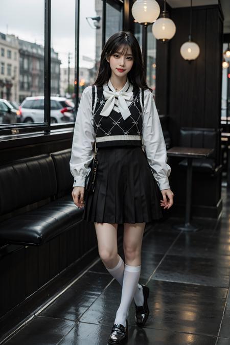 best quality, quality, masterpiece, photorealistic, standing, 1girl, solo, full body, slime girl, dating attire, socks, black shoes, in cafe, detailed background, indoors, window, night, <lora:dating_attire_style1_v1:0.75>