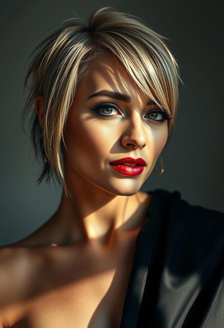 A striking, cinematic portrait of a rebellious beauty. A 35-year-old Caucasian woman, her asymmetrical haircut - one side shaved, the other cascading - frames her alluring face. Soft, natural light illuminates her features, casting delicate shadows that accentuate her bone structure. Her eyes, smoldering with desire, are framed by dramatic eyeliner and long, luscious lashes. Her lips, painted a deep, seductive red, curve into a knowing smile. She's draped in a luxurious, flowing garment that hints at a wild, untamed spirit. The backdrop is a minimalist, modern setting, allowing her to command the frame.