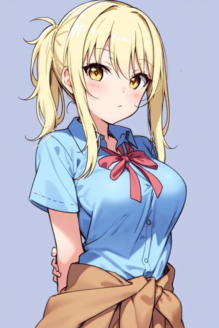 masterpiece, best quality, 1girl, solo,  <lora:ai_miyashita-10:0.65>, miyashita ai, blonde hair, yellow eyes, bangs, clothes around waist, nijigasaki academy uniform, arms behind back,