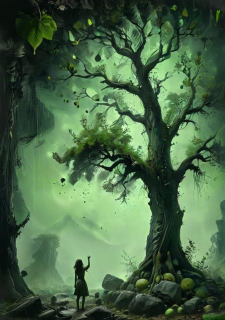 linquivera,<lora:linquivera:0.7>, old tree raise to heaven, black and green  colors, illumination, dream, ink stains, inkpunk, OverallDetail-SDXL, abstract concept, volume, multiple layer pattern,stacked layers,deep 3D, volumetric, dimensional, depth, thick paper, high stack, heavy texture, tangible layers,  <lora:add-detail-xl:1>,  <lora:xl_more_art-full_v1:0.6>, <lora:Dreamyvibes artstyle SDXL - Trigger with dreamyvibes artstyle:1>, <lora:dvr-stnd:1>,vivid silhouette of a girl trying to reach the fruits