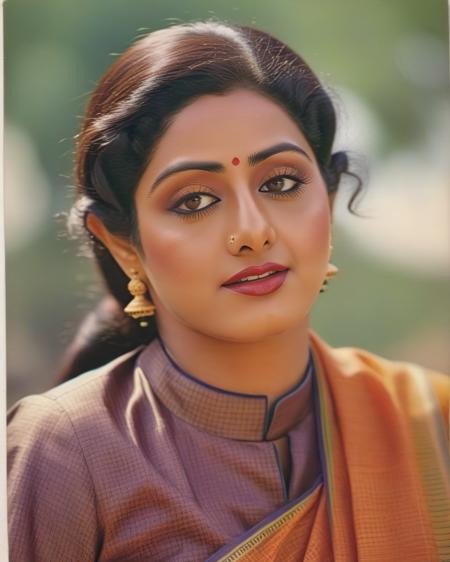 ultrarealistic full body photo of a 30-year-old sridevi woman, high neck ethnic clothes, Contented sigh with closed eyes, Full shot camera angle, 80s hairstyle, perfect eyes, looking at camera, film grain, day time at town, beautiful bokeh <lora:Sridevi_SDXL_LoRA:1>