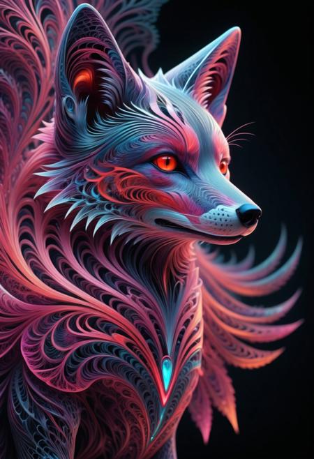 A bo-romance digital drawing reimagined in a whimsical, artistic Fractangles style. The close-up of a fox’s head and upper body is transformed with geometric fur patterns in shades of gray and black, each strand glowing with neon red fractal accents. Its striking, vivid red eyes are now intricate, kaleidoscopic fractals, radiating a mystical, otherworldly energy.
The background shifts from soft pastel pink to a dynamic fractal gradient, blending neon pinks, purples, and blacks, with floating geometric shapes and swirling fractal designs. To the right, a large, 3D geometric heart glows with a delicate, flowing texture, its surface alive with shifting fractal patterns.
In the foreground, a single pink flower is reimagined as a crystalline, fractal bloom, its petals glowing softly. The color palette balances muted tones with vibrant neon highlights, creating a dreamy yet surreal atmosphere. The texture is smooth and polished, with intricate shading and fractal detailing that adds depth and realism, blending romance with the infinite beauty of fractal geometry.