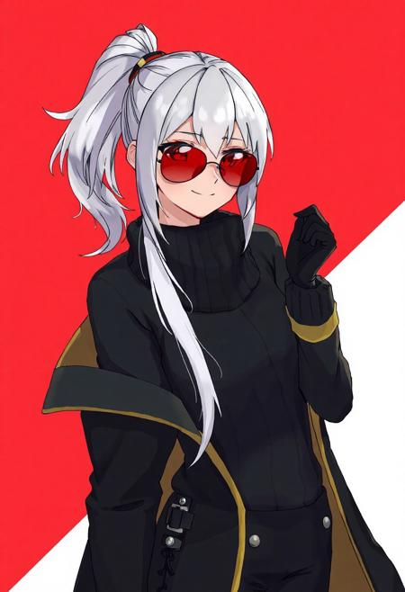 woman, white hair, ponytail, bob, red eyes, red aviator sunglasses, long black sweater, black pants, military boots, black gloves, black long coat with yellow edges, smug,