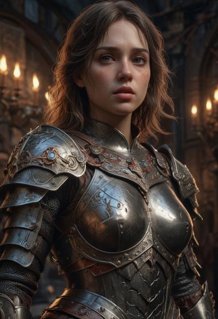 High resolution ultra-realistic of Beautiful Warrior Joan of Arc, 8k, capturing the intensity of the moment, cinematic lighting, standing on a bloody and stormy battlefield in bloody battle, wavy black hair, realistic dirty pale face, realistic brown eyes,  beautiful hourglass figure, burning in a medieval Town, intricately designed iron and silver armor, Dark Ages Aesthetic, perfect athletic figure, beautiful Warrior Joan of Arc, fire, ultra realistic, cinematic style, vigorous and seductive, athletic figure, dark fantasy, dramatic lighting, wet and sweaty skin, dirty skin, athletic figure, dark fantasy, dramatic lighting, Greg Rutkowski style,, Warrior Joan of Arc on in iron armor, hyper-detailed, hyper-realistic, bright colours, Attractive 21 old years girl, Attractive, beautiful firm Breasts, sharp focus, digital painting, Photograph Taken on Nikon D750, Alphonse Mucha, 8K, athletic figure, Hyperdetailed, hyperrealism, Attractive, Attractive bust girl, asymmetric balance