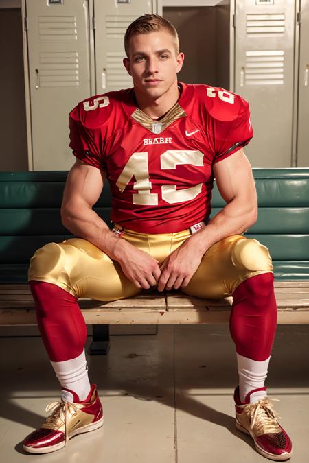 in an American football locker room, (sitting on a bench), legs spread open, muscular MarcusMojo, American football player wearing American football uniform, American football shoulder pads, (((red  jersey))), jersey number 4, ((pale gold football pants and pads)), (red socks), (sneakers), slight smile, masterpiece, (((full body portrait))), full body shot <lora:MarcusMojo:0.8>