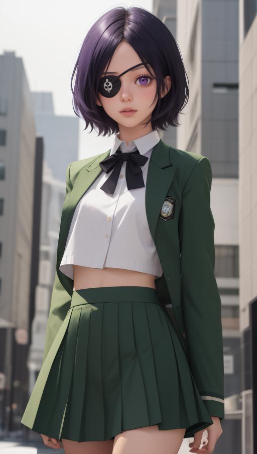 A 3D animated character of a woman in a green blazer and white shirt with a black tie.