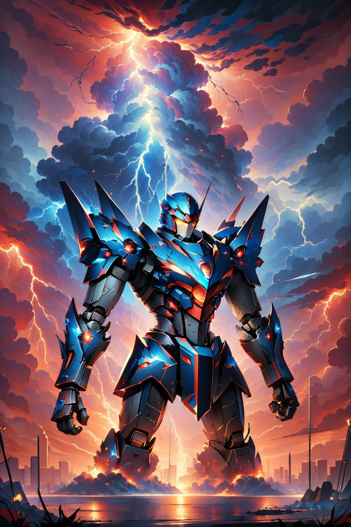 Anime Robot with Blue and Red Color Scheme and a Thunderstorm Background