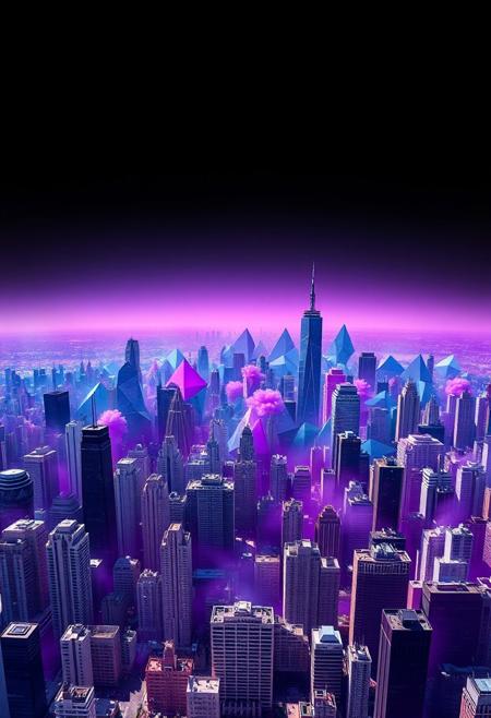 A surreal digital art piece depicting a city skyline where skyscrapers morph into abstract geometric shapes, viewed from an aerial perspective that emphasizes the urban landscape's whimsical and unsettling nature. The horizon transitions between stark black and a vibrant emotional gradient of purples, blues, and pinks, evoking feelings of wonderment and unease while highlighting the intriguing juxtaposition between reality and fantasy in this uniquely crafted image.