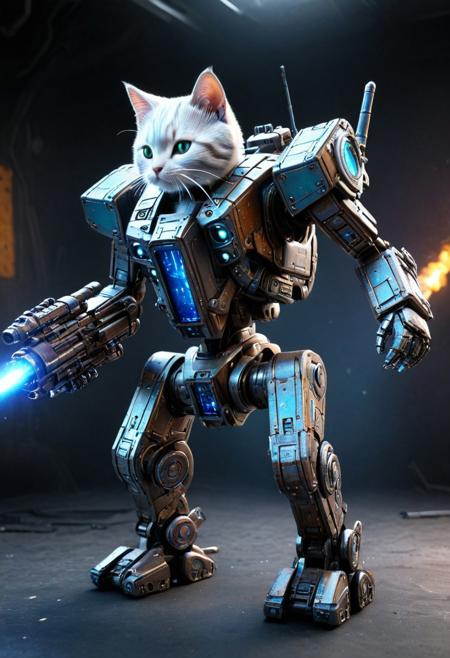 h4v_h0l0,(((score_9, Score_8_up, score_7_up))),   Cute kitten, battle-worn mech robot designed for a futuristic combat game. The mech should have heavy armor plating, with visible joints and glowing power cores. Include weapons mounted on its arms, such as missile launchers and a plasma cannon. The design should showcase mechanical details, rust, and dents to emphasize its use in combat, with glowing blue indicating its power source