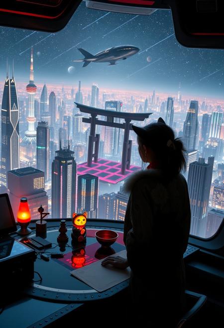 A sleek black cat with red collar sits on a cluttered metal riveted desk with transparent top and rgb led computer components visible inside, On the desk are a maneki neko statue and a lava lamp, the Black Cat is looking out of a seamless and futuristic floor to ceiling window that looks out at thousands of enormous wide and tall futuristic skyscrapers from a large window in a descending spaceship, a beautiful woman, 24 years old, is standing next to the cat looking out at the enormous city at night, filled with buildings of many shapes and sizes, some over a mile tall))), the woman is dressed in an ornate Japanese style bath robe. An enormous deco starship with futuristic lighting and design is visible high above the city, and a space station is visible in the background among the stars, The woman's hair is messy from just waking up and tied up with a ribbon. Artistic cyberpunk, dynamic perspective, (((overall architectural aesthetic is Art Deco Cyberpunk))).  (((A large futuristic building shaped like a torii gate stands among the enormous tokyo structures,)))