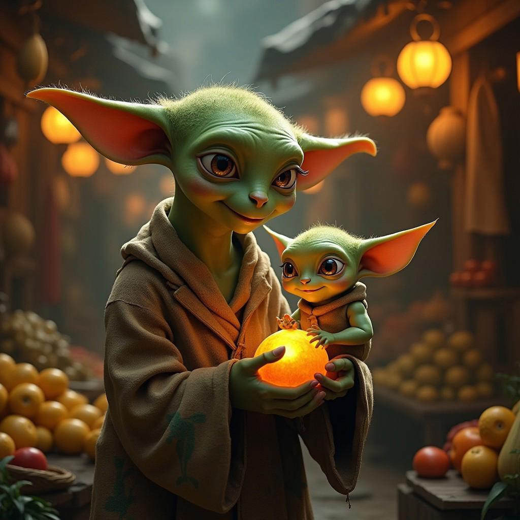 <lora:lora-oop.000009.TA_trained (1):0.8> "A gentle, green-skinned creature with large, expressive ears holds a small, wide-eyed baby creature in its arms, offering it a glowing fruit. The elder creature is dressed in worn, patchwork robes, and the scene takes place in a dimly lit, rustic market filled with various fruits and strange objects. The baby looks up curiously, clutching the fruit with its tiny hands, while warm light from lanterns and hanging goods creates a cozy, magical atmosphere. The background is bustling with the vibrant details of a fantastical marketplace, enhancing the sense of wonder and nurturing."