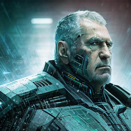 <lora:zhirik:1> Photo portrait of the old man is a colossal cyborg chosen one, world from digital symbols, black and green colors, matrix style, pacific rim style