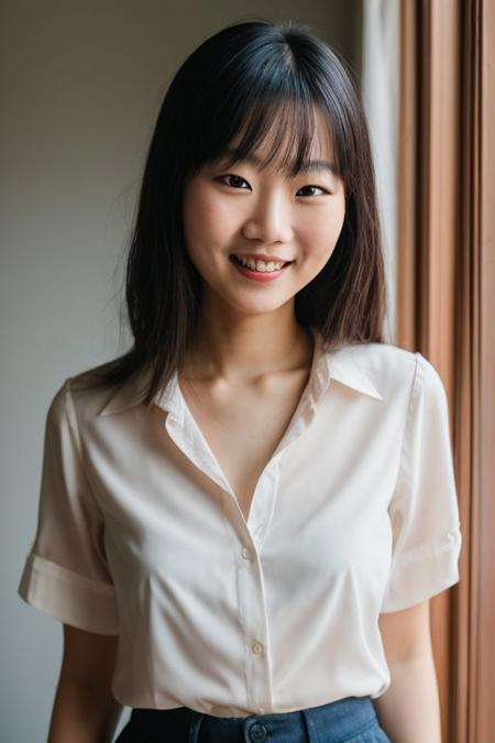 <lora:ATKKatja:0.8>, full color portrait of a Asian woman, wearing a blouse, shy smile, natural light, RAW photo, subject, 8k uhd, dslr, soft lighting, high quality, film grain, Fujifilm XT3