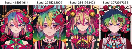 (masterpiece, best quality), (solo, 1girl), (blonde hair, pink hair, green hair, gradient hair, short hair, hair between eyes, hair flower, hair ornament), (multicolored eyes, purple eyes, looking at viewer),  (flower, red flower, rope, bell), closed mouth, bangs, piercing, ear piercing, jewelry, earrings, jingle bell, branch,