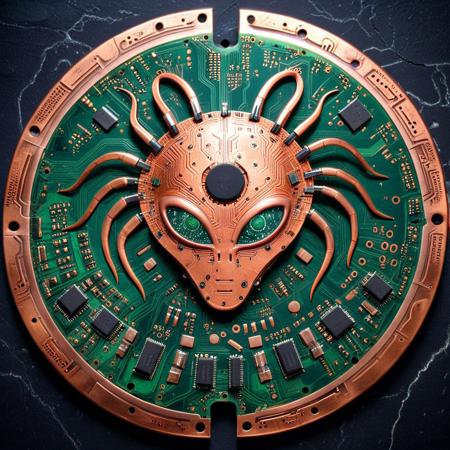 an alien relic resembling a fragmented PCB disk, glyphs etched into copper pads, traces forming cryptic diagrams, embedded quartz and resistors pulsing in rhythmic light, background pulsating with EM echoes, pcb_style