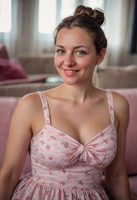 Close up Portrait of a 40 years old, ,(bokeh)
1girl, milf, lip stick, eye liner, bun hair, wearing sun dress, small realistic breasts, sitting on a Pink couch in a bedroom, cuddly toy on couch, from a bit away, full body, smile
, Dim light, Sony A7iii, Sony FE 24-70mm F2.8 GM II Lens, ISO 100, 1/400s, f/2.8, 50mm