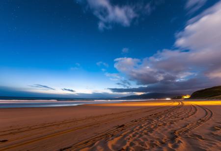 Beautiful scenery of night, sky and beach, photo taken with DSLR camera lens in 8K HD quality, very clear. Dreamy effect and brown aesthetic