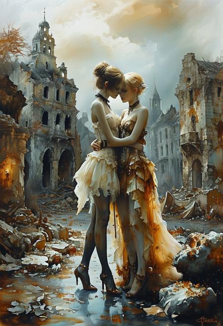 Symbolism, elegant fantasies, watercolor, caramel, patchwork scales, opal, dramatic, Greg Simkins style, long-legged zombie girls hug, ruins of town on the background, pixie style, fairy, fluff, chocker, advntr, style of Andreas Achenbach