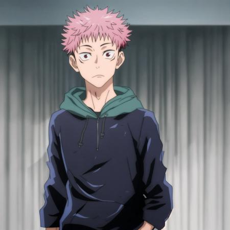 1 boy, solo, tall, in hoodie, tall, cowboy shot, hands in pocket, pink hair, looking at viewer, jujutsu kaisen, itadori yuji, screencap style, <lora:Yujii:1>