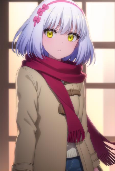 paulamccoy, <lora:paula mccoy s2-lora-nochekaiser:1>,
paula mccoy, short hair, bow, (yellow eyes:1.3), white hair, hair bow, hairband,
BREAK scarf, red scarf, coat, long sleeves, wide sleeves, white coat,
BREAK indoors, classroom,
BREAK looking at viewer, (cowboy shot:1.5),
BREAK <lyco:GoodHands-beta2:1>, (masterpiece:1.2), best quality, high resolution, unity 8k wallpaper, (illustration:0.8), (beautiful detailed eyes:1.6), extremely detailed face, perfect lighting, extremely detailed CG, (perfect hands, perfect anatomy),