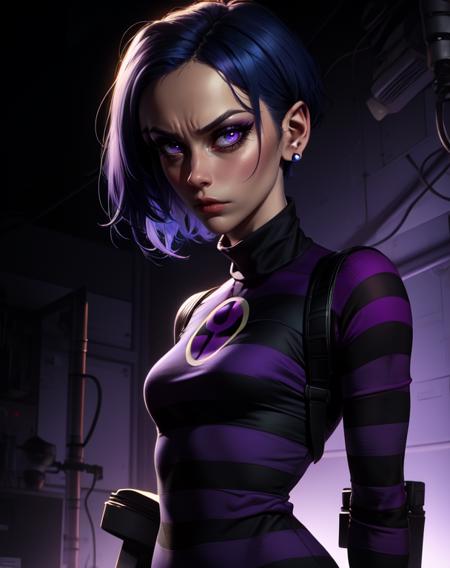 TakHuman, short blue hair, small earrings, purple eyes, serious look
standing, upper body, mean expression, 
striped sweater with logo, turtleneck, pelvic curtain, 
dark lab, purple lighting, lab tech,
(insanely detailed, beautiful detailed face,beautiful detailed eyes, masterpiece, best quality) 
 <lora:TakHuman-10v6:0.7>