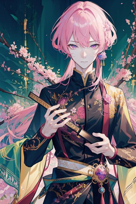 masterpiece, best quality, 1 male, adult, handsome, tall muscular guy, broad shoulders, finely detailed eyes and detailed face, extremely detailed CG unity 8k wallpaper, intricate details, very long hair, pink hair, wavy hair, flowers, diamond, jewelry, garden, forest, portrait, depth of field