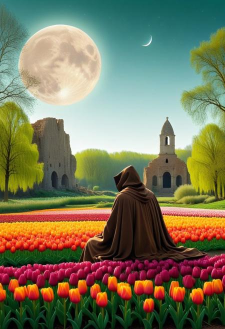 A cloaked figure in earthy tones of olive and brown sits pensively on the edge of a field made of tulips, surrounded by lush greenery and ancient stone ruins, beneath a surreal oversized silver moon that bathes the scene in a mystical light,
