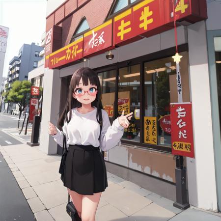 best quality, ultra-detailed, illustration,
(1girl:1.4), solo, glasses, black hair, long hair, medium breasts, white sweater, long skirt, embarrassed, blush, shy smile, looking at viewer,  solo focus,
tokainosukiya, storefront, outdoors, building, shop, sign, tree, city, window, day, street, table,road, cityscape, real world location, lamppost, 
 <lora:sukiya_SD15_V1:0.6>