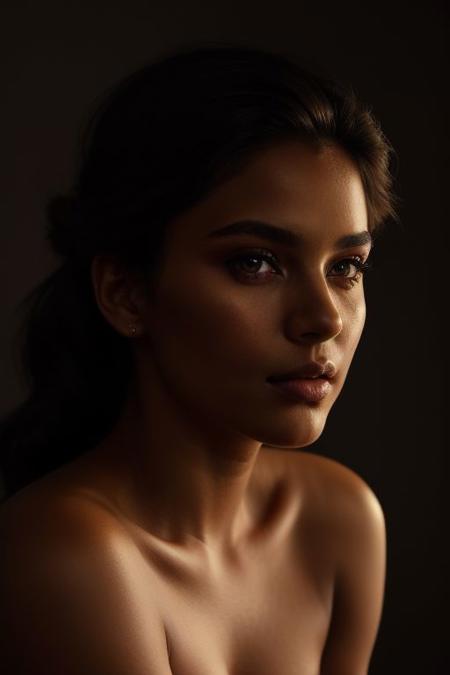 bare shoulder portrait of a stunning woman, a beauty skincare model, with flawless, glowing, and healthy skin. She gazes directly at the viewer with captivating eyes. Cinematic lighting with soft highlights and dramatic shadows. Masterpiece quality, detailed skin texture with perfections,