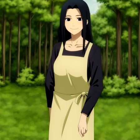 1girl, solo, long hair, black hair, apron, looking at viewer, shirt,sidelocks, black eyes, smile, <lora:Mikoto:1> <lora:animemix_v3_offset:0.7>,collarbone, outdoors,forest, shirt, cowboy shot, long sleeves,