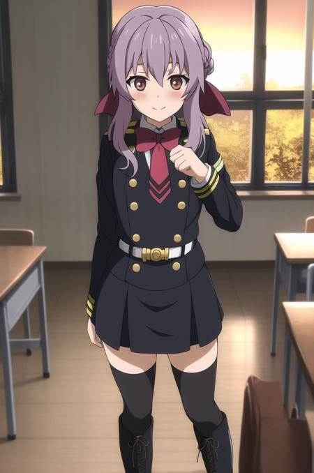 (masterpiece), high quality, detailed background 1girl, solo,
 <lora:OwariNoSeraphHiragi-v1-01:0.7>, ChopioHiragi, bow, purple hair, braid, hair bow, red bow, looking at viewer, (blush:1.3),
indoors, classroom, windows, sunset, standing, smile, cute pose,
Hiragi_Uniform, military uniform, red tie, long sleeves, white belt, gold buttons, zettai ryouiki, black thighhighs, pleated skirt, black boots, black footwear, knee boots