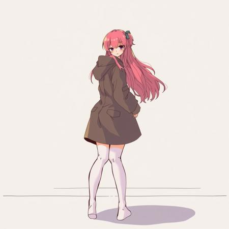 1girl , 1boy,sex,implied sex, sex from behind, after sex, doggystyle,penis, cum in pussy,looking at viewer,pink hair,coat, white legwear, clothed sex, clothed girl nude boy,<lora:Doggyv0.2:0.9>
