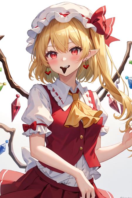 best quality, masterpiece, highres, solo, {flandre_scarlet_touhou:1.15}, blonde_hair, wings, red_eyes, crystal, bangs, hat, one_side_up, ribbon, mob_cap, bow, blush, smile, vest, white_headwear, red_vest, ascot, hair_between_eyes, red_bow, red_ribbon, upper_body, hat_ribbon, yellow_ascot, short_hair, 1girl, candy, chocolate, food, heart, heart-shaped_chocolate, looking_at_viewer, mouth_hold, pointy_ears, puffy_sleeves, valentine, food_in_mouth, shirt, short_sleeves, white_shirt, earrings, jewelry, puffy_short_sleeves, twitter_username, hair_bow, heart_earrings, red_skirt, skirt