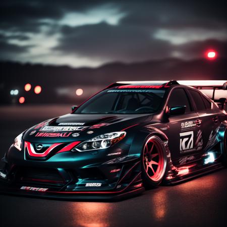 photo A Car, [Nissan|Toyota] Drift Spec, midnight (MidnightDrift style:1) <lora:djzMidnightDrift:0.8)