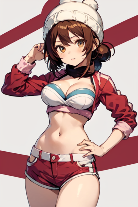 ItamiKoga, 1girl, solo, short hair, large breasts, brown hair, hat, navel, cleavage, shorts, midriff, hand on hip, short shorts, beanie, red shorts, 
