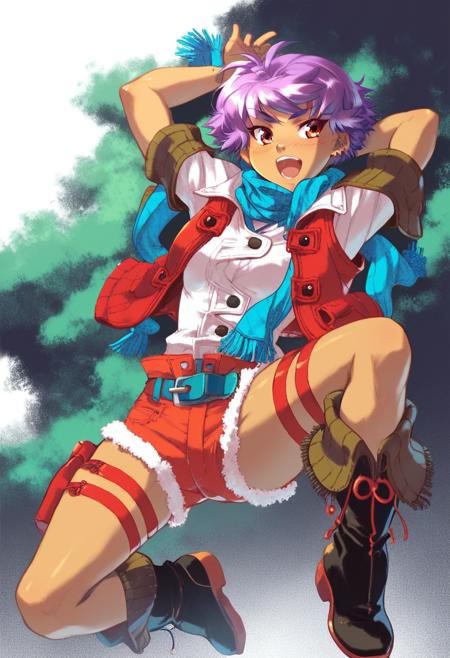 sheldiaRouge,  purple hair, short hair, red eyes, dark-skinned female,   short blue scarf, cowboy boots, black boots, orange soles, green belt, red vest, red thigh strap, holster,  short shorts, orange shorts, fingerless gloves, brown gloves,  yellow earrings, 