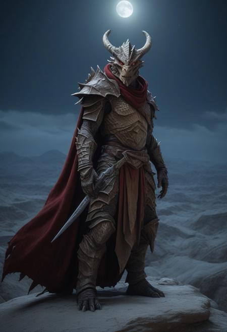 A visually striking movie-still image of a "dragonborn" (in the style of dnd/eberron dragonborn), using dragon-red 6k, with remarkably realistic lighting and textures and details. 
Features a  bleak background, perfectly detailing scales and  piercing eyes that reflect the world. This creature stands majestically, draped in a cloak made of woven canvas, its breath visible in the cold air, surrounded by a pristine, untouched badlands that is bleakly spartan under the moonlight. The scene is imbued with a sense of mystery and awe, captured through the lens of a Nikon D850 at a low angle to emphasize the imposing stature of the dragonborn against the vast, silent  night. The composition focuses on the fusion of natural and fantastical elements, suggesting an untold story of survival and adaptation, with a setting that feels both alien and familiar 
(aidmaHyperrealism, aidmaimageupgrader, aidmafluxpro1.1)