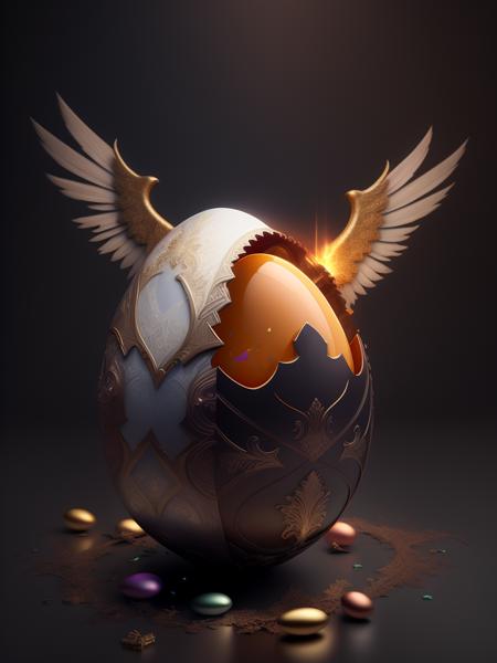 there is a large egg with a hole in it on a dark surface, 3d digital art 4k, cinema 4d bright light render, cinema 4 d art, 3d render digital art, humpty dumpty in form of egg, digital art render, high-quality render, magic frozen ice phoenix egg, cinema 4 d render, cinema 4d render, white background, color slash, aint unreal engine, octane (broken eggs | intricateaptor Christ:1.27) as as illustrated by simon bisleyiplice & chris hemsworth w 1 0 8 2 holding Aeons Old Weapon + ornate detailed sword + angel wings new technology + holy concept art + hyper realistic flesh