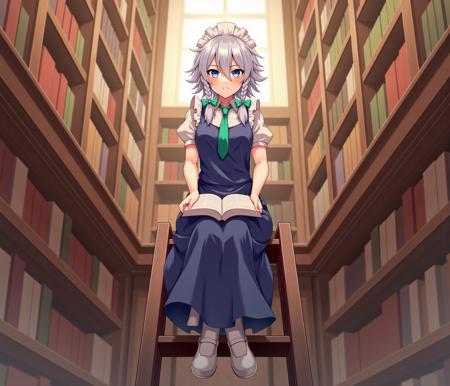 Izayoi Sakuya short silver hair tied into twin braids and adorned with green bows, she wears a blue maid outfit and has a green ribbon tied at her collar, detatched cuffs