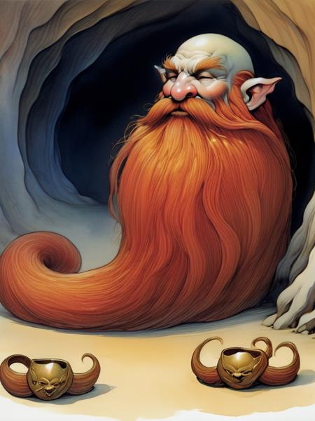 Watercolor painting of a peculiar dwarf-like being with a head and features typical of a dwarf, but their body is entirely composed of a flowing, long red beard, sleeping, laying down,  braided moustache, gold bangles, They have no visible arms, torso, or legs, in a cave, goblins in the background, <lora:Harry_Dwarf:1>, Vibrant, beautiful, painterly, detailed, textural, artistic