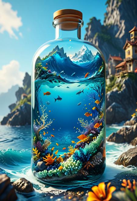 A stunning landscape encapsulated in a bottle, floating atop the sea, is creatively depicted in this detailed matte painting. The deep colors, fantastical elements, and intricate details come together to create a mesmerizing splash screen. The harmonious blend of complementary colors adds depth to the fantasy concept art, which has gained popularity on Artstation and is now showcased in 8K resolution using Unreal Engine 5.