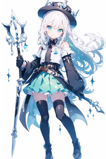 1girl, solo, long hair, thighhighs, weapon, skirt, white background, hat, white thighhighs, looking at viewer, green eyes, very long hair, brown hair, simple background, polearm, boots, full body, blonde hair, thigh boots, staff, pleated skirt, white footwear, wide sleeves, holding, bare shoulders, smile, belt, aqua eyes, white gloves, gloves, bangs, green skirt, spear,<lora:cute style-2.0:1>