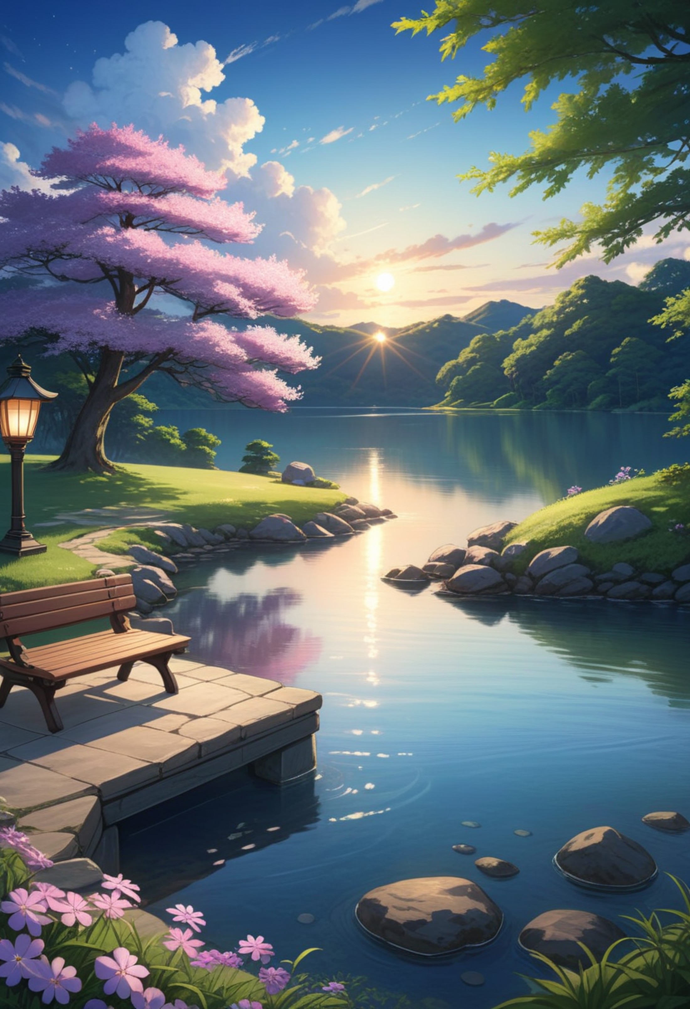 detailed background,( Calm spring night landscape), amongst lush greenery, beautiful view, creeping phlox in full bloom, c...