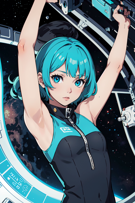 (best quality:1.2), 1girl, (close up, arms up, :<, aqua hair, very short hair, curly hair, okappa, flat_chest, space station),