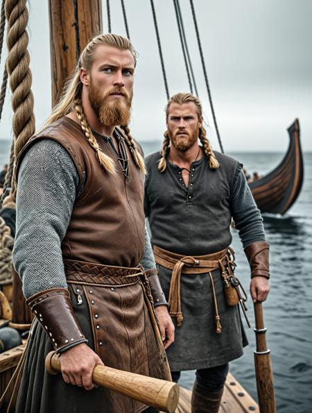 breathtaking detailed, masterpiece, absurdres, awe-inspiring, best quality, nordicbynature, muscular Viking, shipwright, building a longship, intense focus in his piercing eyes, long blond hair tied back, braided beard, rugged leather and linen garments, weathered apron with wooden tool handles hanging from the belt, gripping a large forging hammer, actively nailing wooden planks onto the hull of a traditional Norse longship, visible wooden pegs and rough timber texture, Nordic ship details like sail rigging and curved bow, overcast sky, muted daylight, blurred figures and children in the background, seagulls flying above, grounded historical realism, cinematic depth of field, dynamic angle with subject in foreground, high-resolution photorealistic detail<lora:sdxl_nordicbynature_v1.safetensors:1.0:1.0>