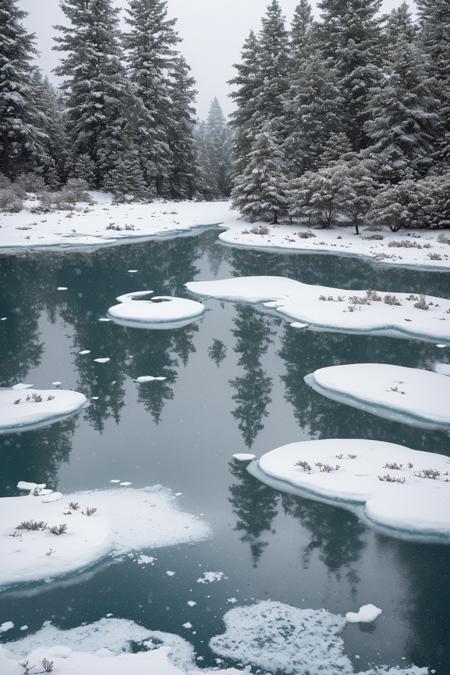frozen lake surrounded by snow-covered pine trees, overcast sky with light snowfall, icy reflections on the water, footprints in the snow, sharp detail, National Geographic photo style, cinematic composition